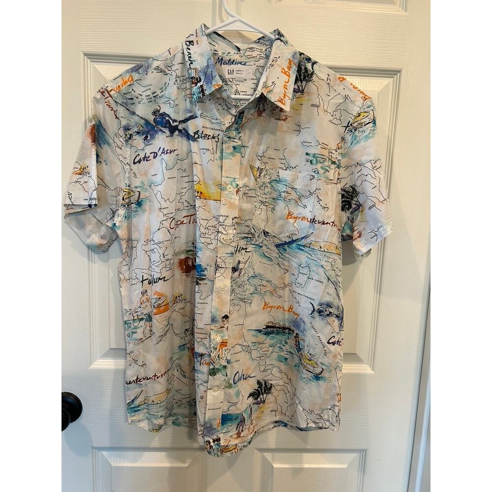Gap Men's Hawaiian Scuba Sailing Map Print Shirt - Size Large - EUC